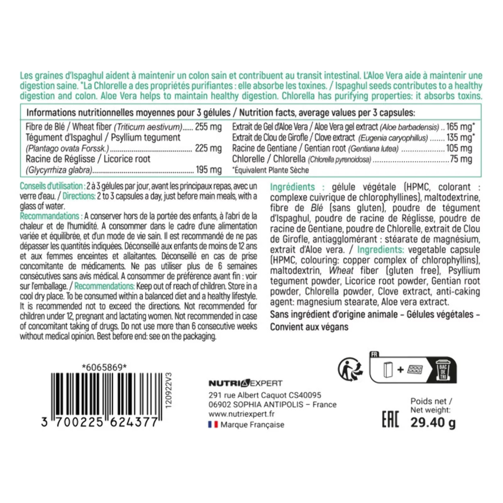 NUTRI EXPERT - Colon Detox - Complément alimentaire à base de plantes - Purifie et détoxifie le côlon - Sans ingrédients d'origine animale - Vegan - 60 gélules - Fabriqué en France - Lot de 3 produits