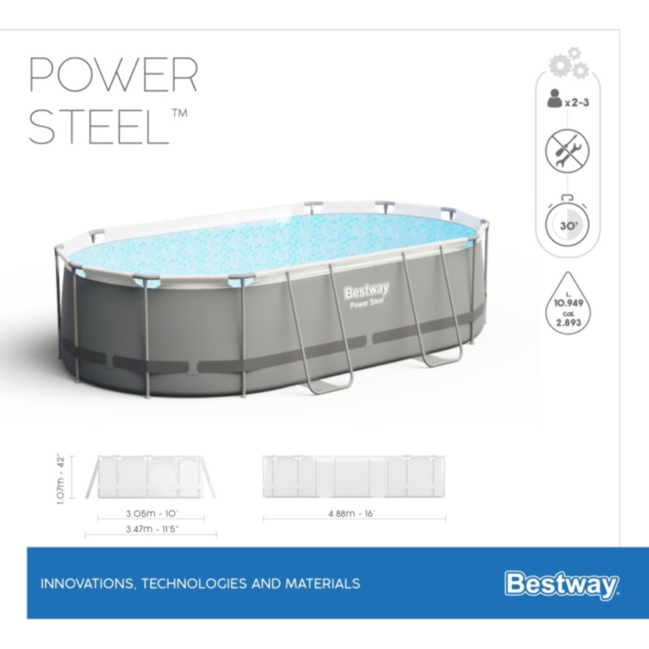 Bestway Piscine hors sol - Ovale - Power Steel - 488 x 305 x 107 cm - Avec accessoires