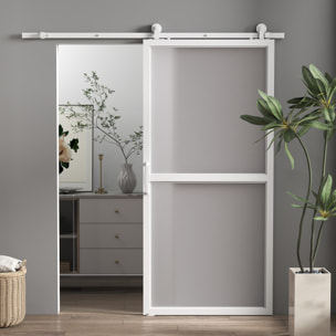 Herrajes para Puertas Correderas 200 cm, Kit de Accesorios para Puerta Corredera con 2 Rieles de Acero al Carbono y Guía de Suelo, para Garaje, Armario, Blanco