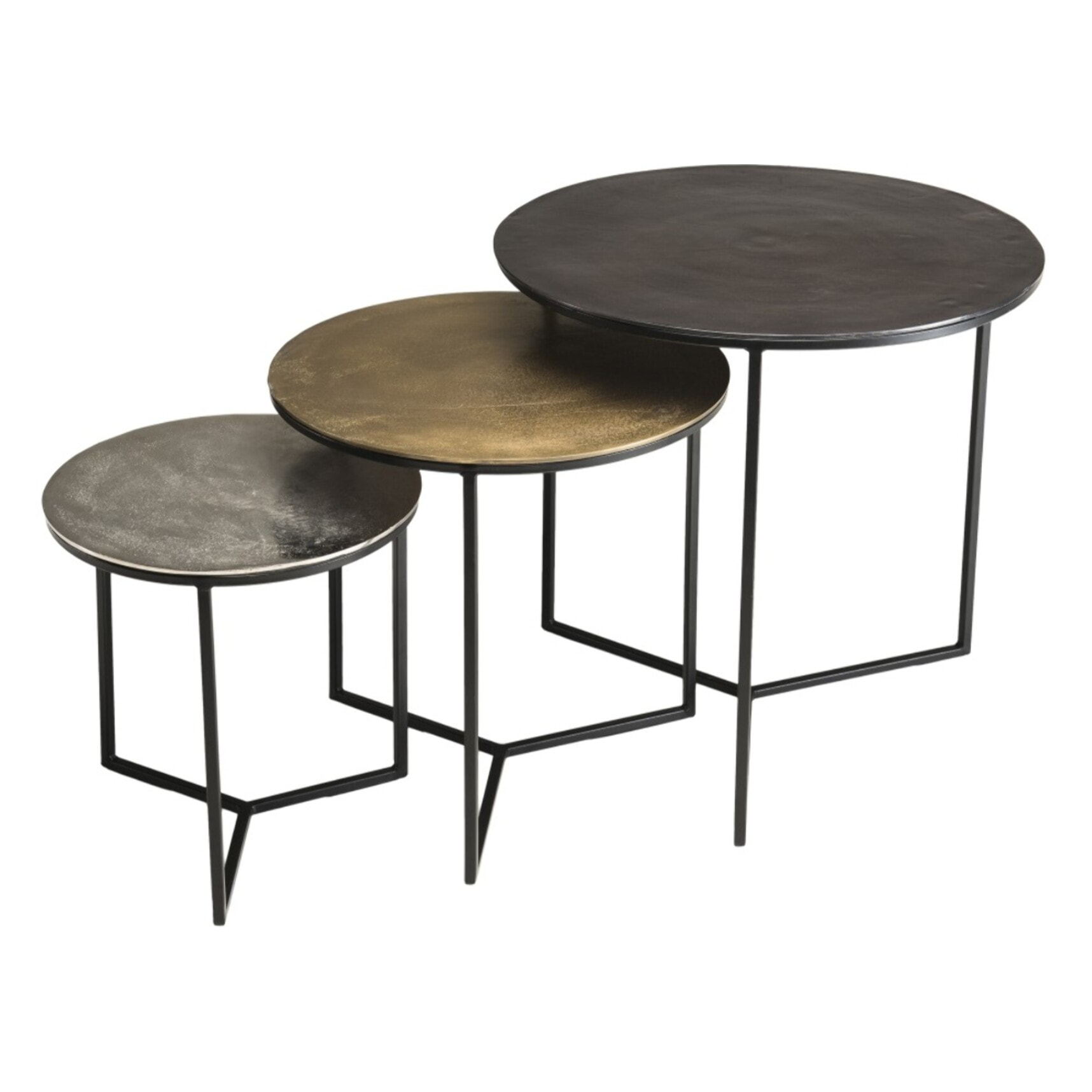 JOHAN - Set de 3 tables gigognes rondes aluminium noir doré argenté - pieds métal noir
