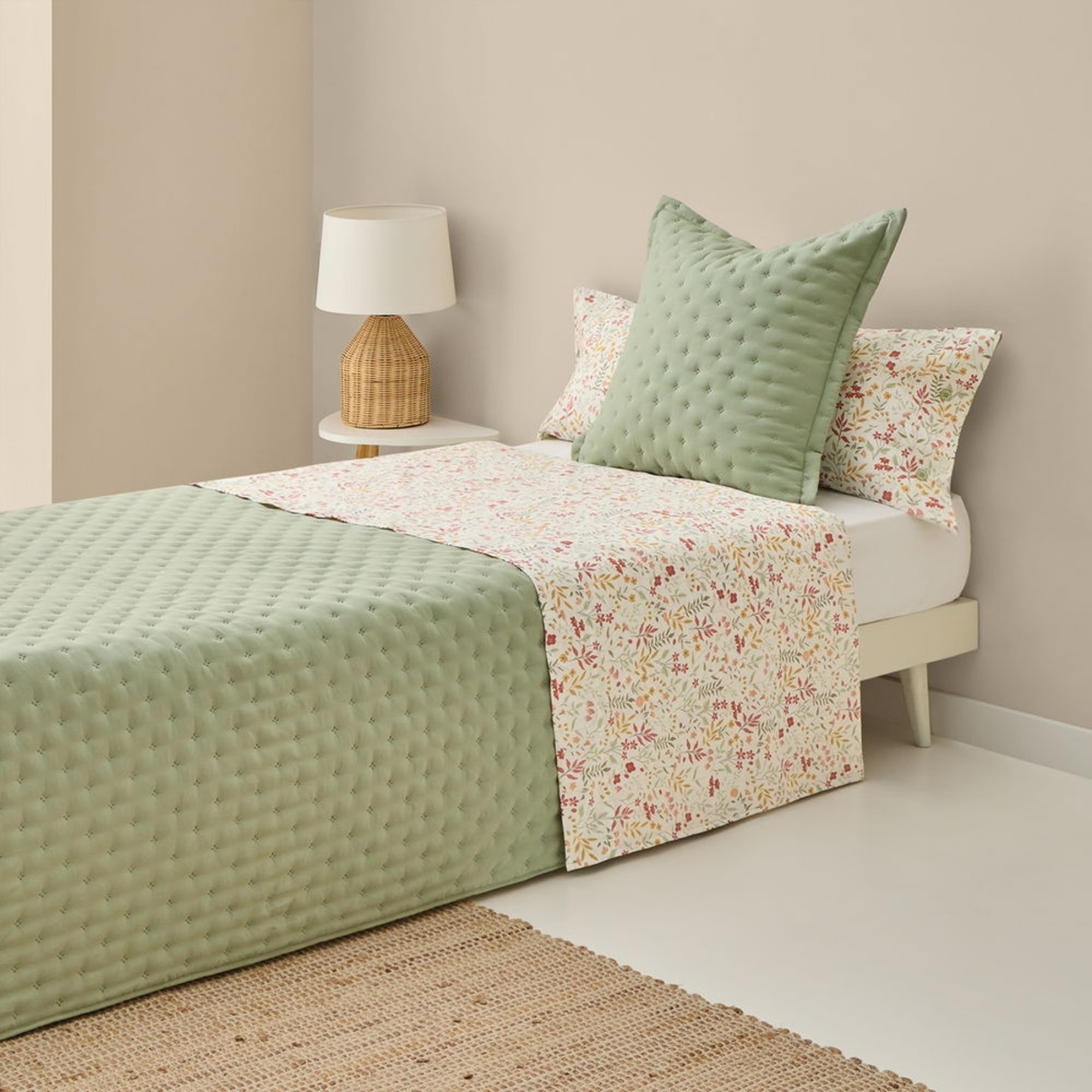 Sábana de algodón 180 hilos flores Ferdu color verde 100% Algodón percal