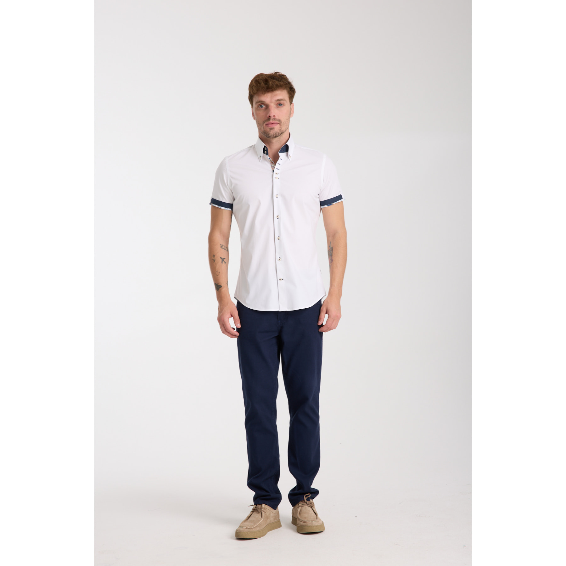 Camicia Uomo Manica Corta 2 Bottoni Button Down 7 Botto Popeline Stretch Unito Bianco