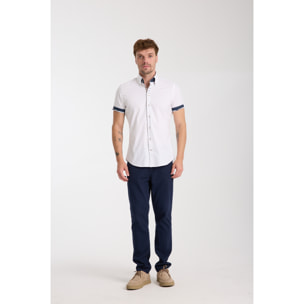 Camicia Uomo Manica Corta 2 Bottoni Button Down 7 Botto Popeline Stretch Unito Bianco