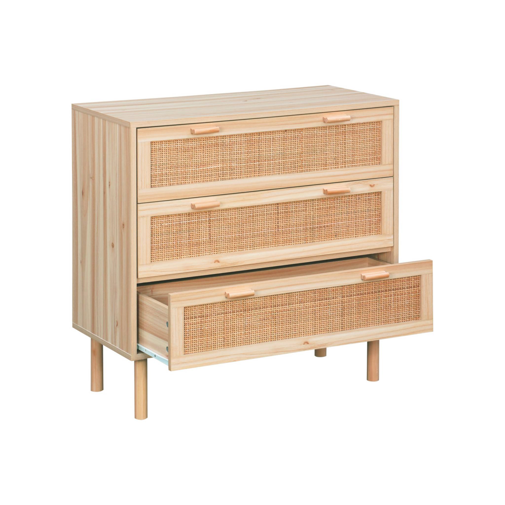 Commode 3 tiroirs cannage et effet bois CAMARGUE L 80 x P 40 x H 80cm