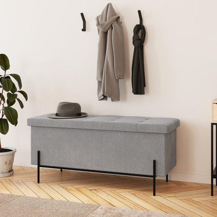 Banc coffre avec pieds noirs Loan en tissu gris 100cm