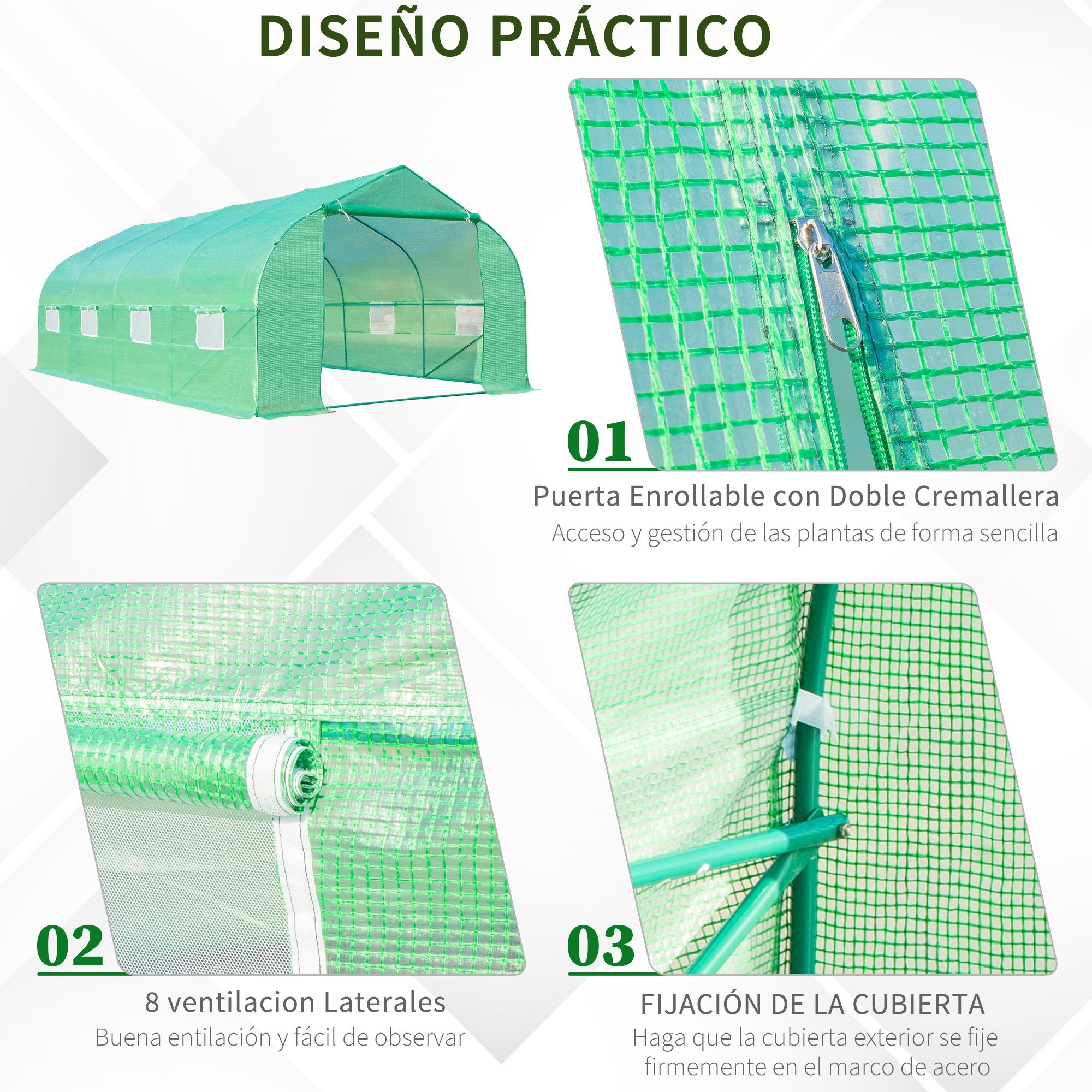 Invernadero de Jardín 6x3x2 m Tipo Túnel para Cultivo Plantas Verduras con 8 Ventanas Transpirables y Puerta Enrollable con Cremallera Acero Verde