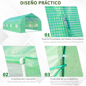 Invernadero de Jardín 6x3x2 m Tipo Túnel para Cultivo Plantas Verduras con 8 Ventanas Transpirables y Puerta Enrollable con Cremallera Acero Verde
