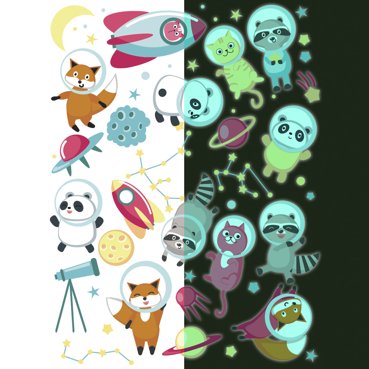 Sticker phosphorescent lumineux - ANIMAUX ASTRONAUTES DANS L'ESPACE