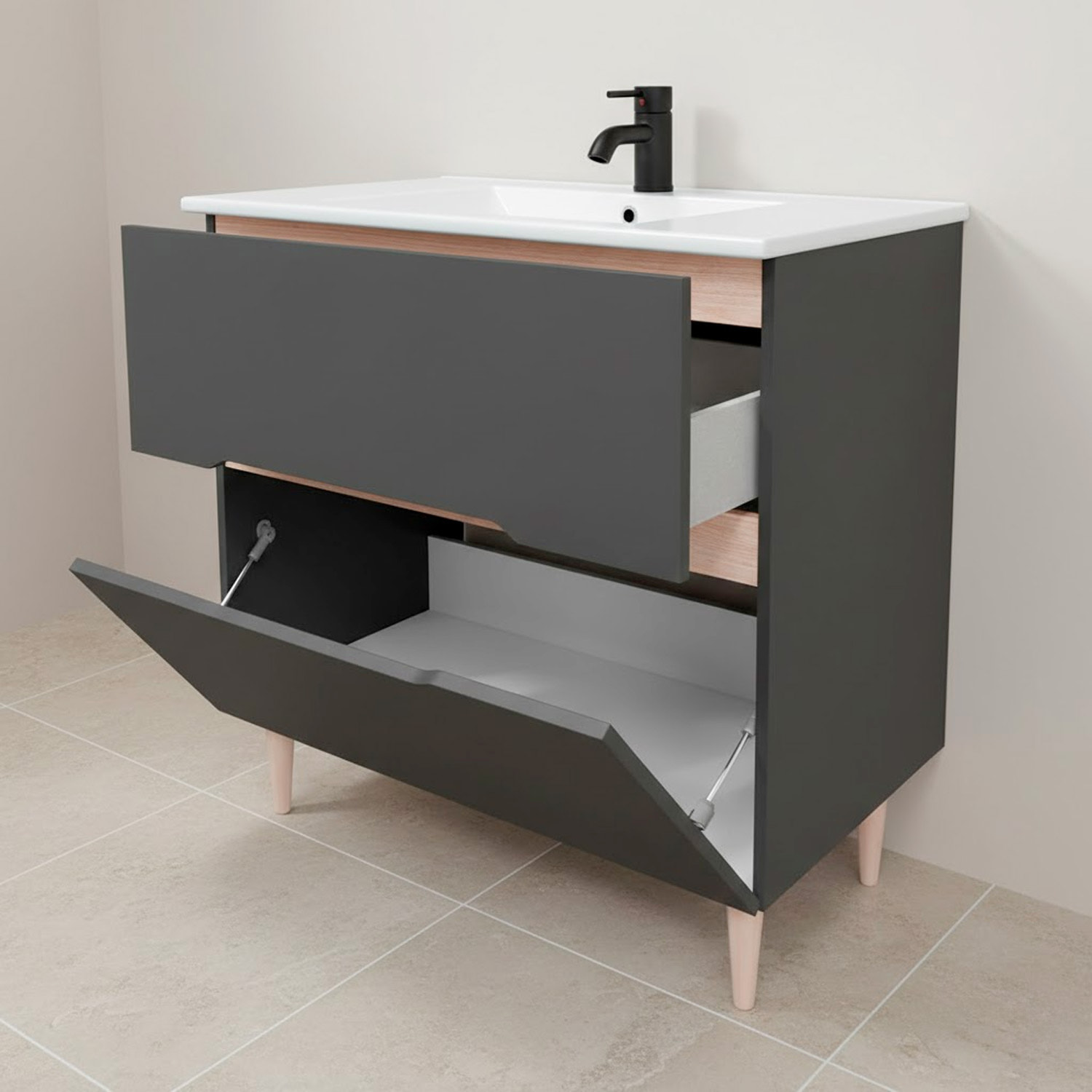 Mobile Bagno A Terra Lavabo In Ceramica E Specchio Inclusi 1 Cassetto Soft Close 1 Anta Vasistaso 80 x 45 x 80 Cm Colore Grigio Antracite E Rovere