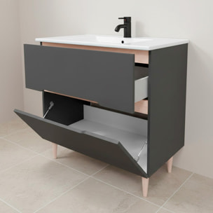 Mobile Bagno A Terra Lavabo In Ceramica E Specchio Inclusi 1 Cassetto Soft Close 1 Anta Vasistaso 80 x 45 x 80 Cm Colore Grigio Antracite E Rovere