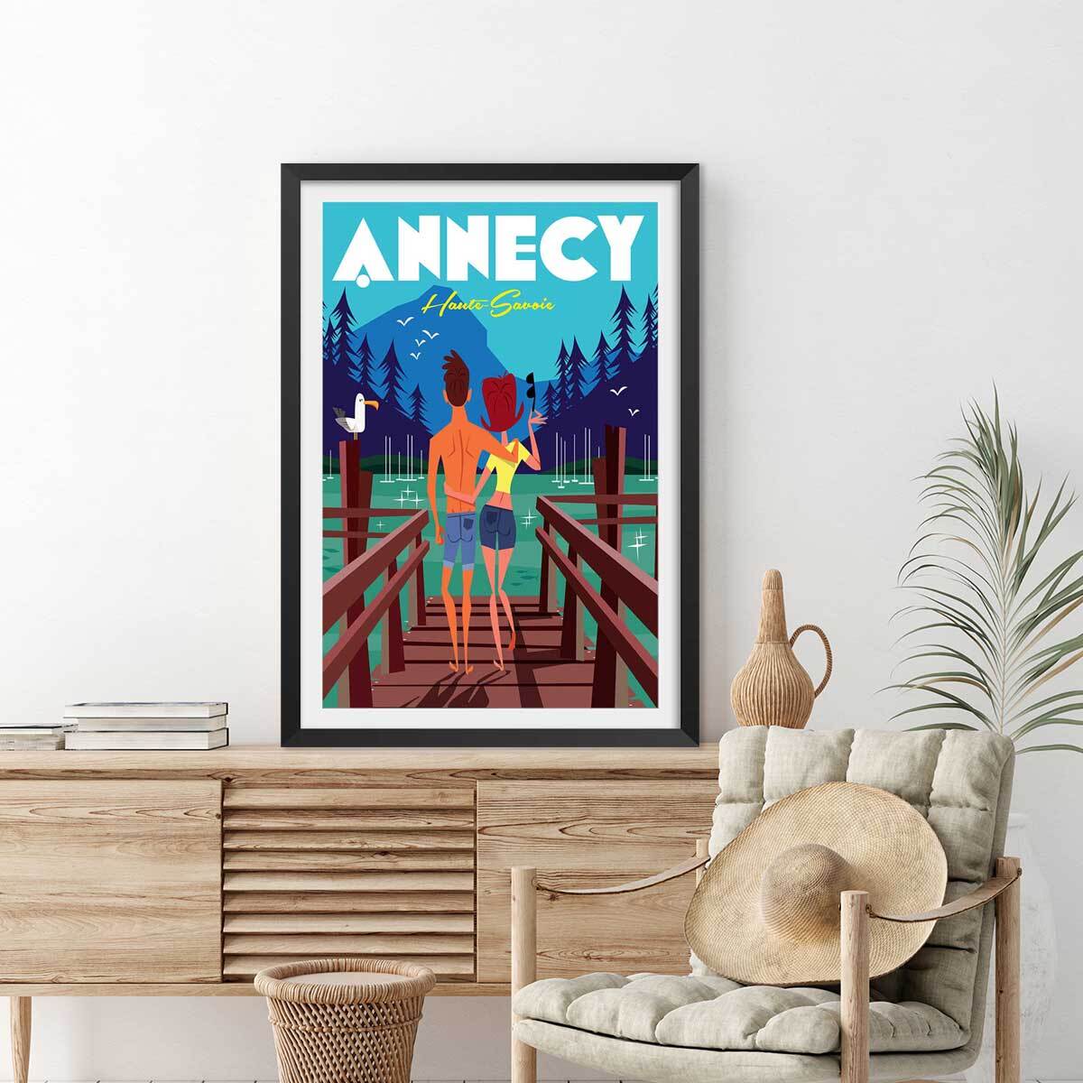 Poster le pont des amours annecy lac Affiche + cadre en bois - Noir
