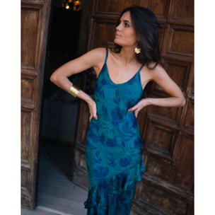 Vestido midi de tirantes con volante y corte lencero