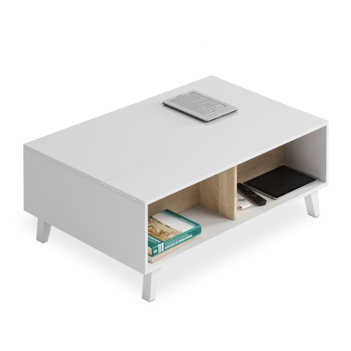 Mesa de centro elevable Niva Blanco Brillo - Roble Canadian
