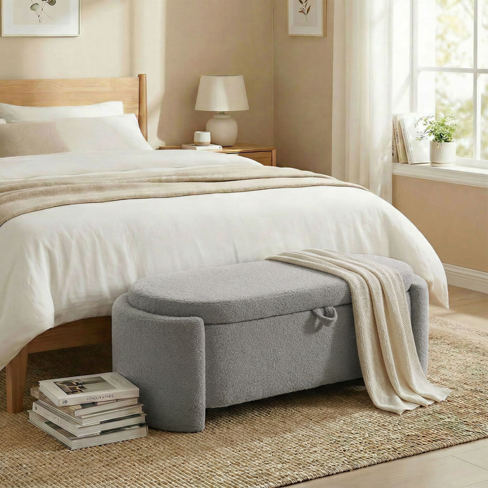 Puff Almacenaje, Banco Almacenaje Ovalado, 129x48,5x44 cm, Tapizado en Terciopelo de Teddy, Baúl de Almacenamiento, Carga 200 kg, Taburete para Sala de Estar, Dormitorio, Entrada, Gris Claro