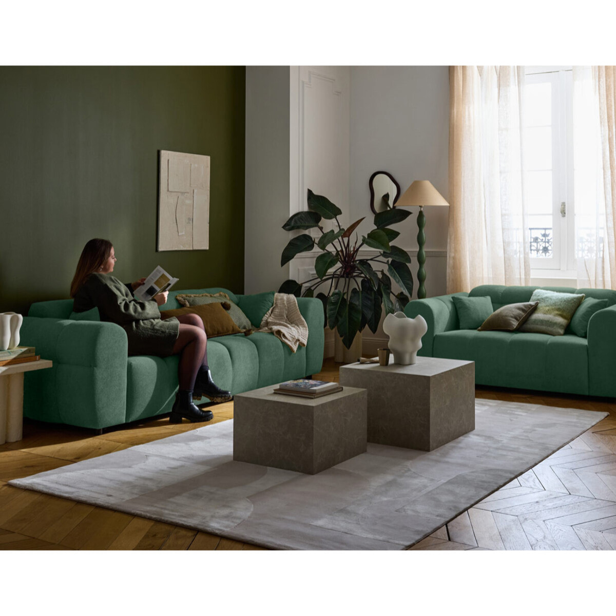 Ray - canapé droit 3 places en tissu texturé - Vert sauge