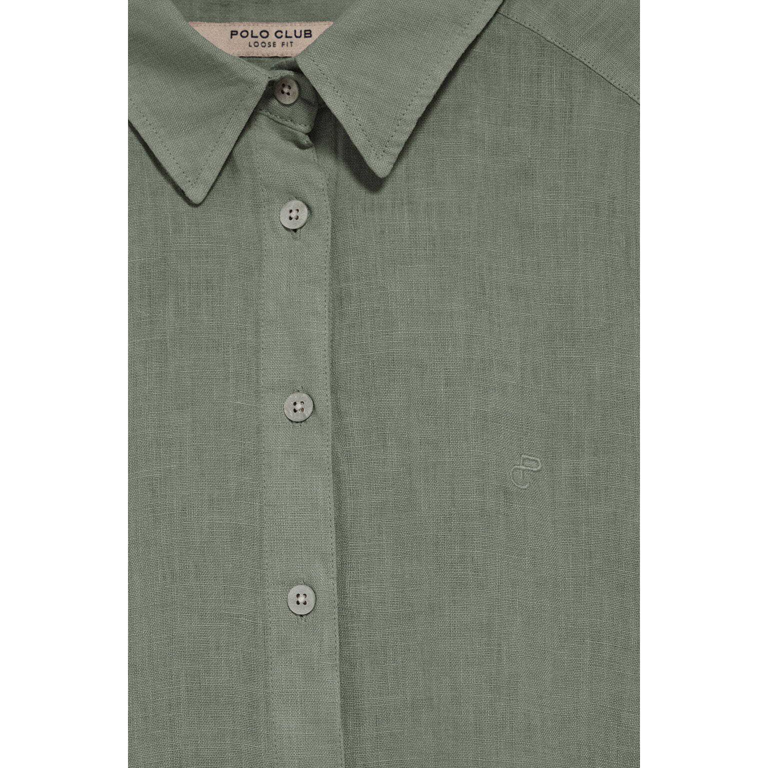 Camisa verde militar garment dye de lino con monograma bordado