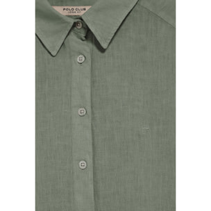 Camisa verde militar garment dye de lino con monograma bordado