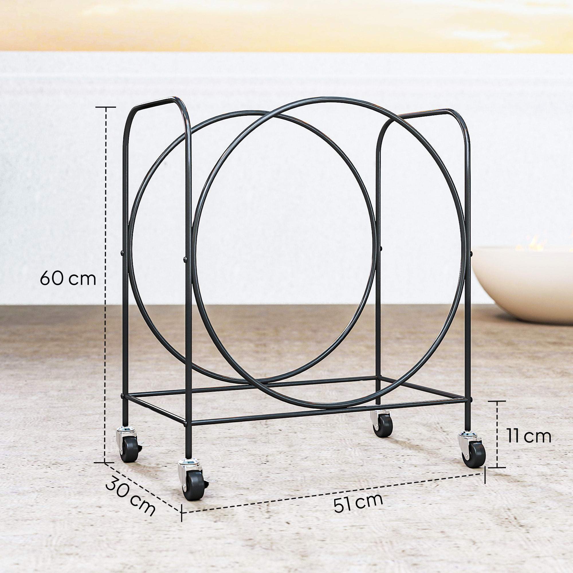 Estante de Leña de Metal con Ruedas, 51x30x60 cm, Leñero Exterior e Interior, Soporte para Leña de Chimenea, Almacenamiento para Madera, Negro