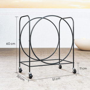 Estante de Leña de Metal con Ruedas, 51x30x60 cm, Leñero Exterior e Interior, Soporte para Leña de Chimenea, Almacenamiento para Madera, Negro