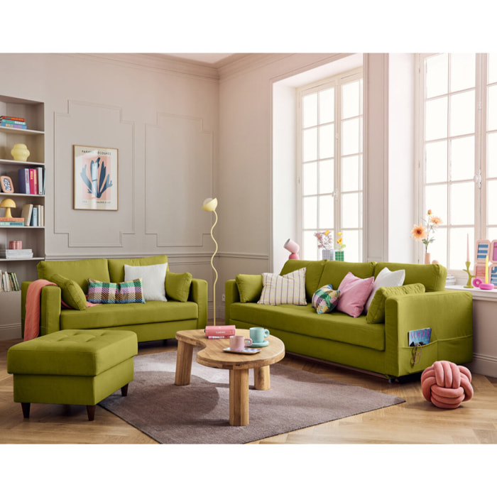 Anna - pouf en velours - pieds en bois - Vert Olive
