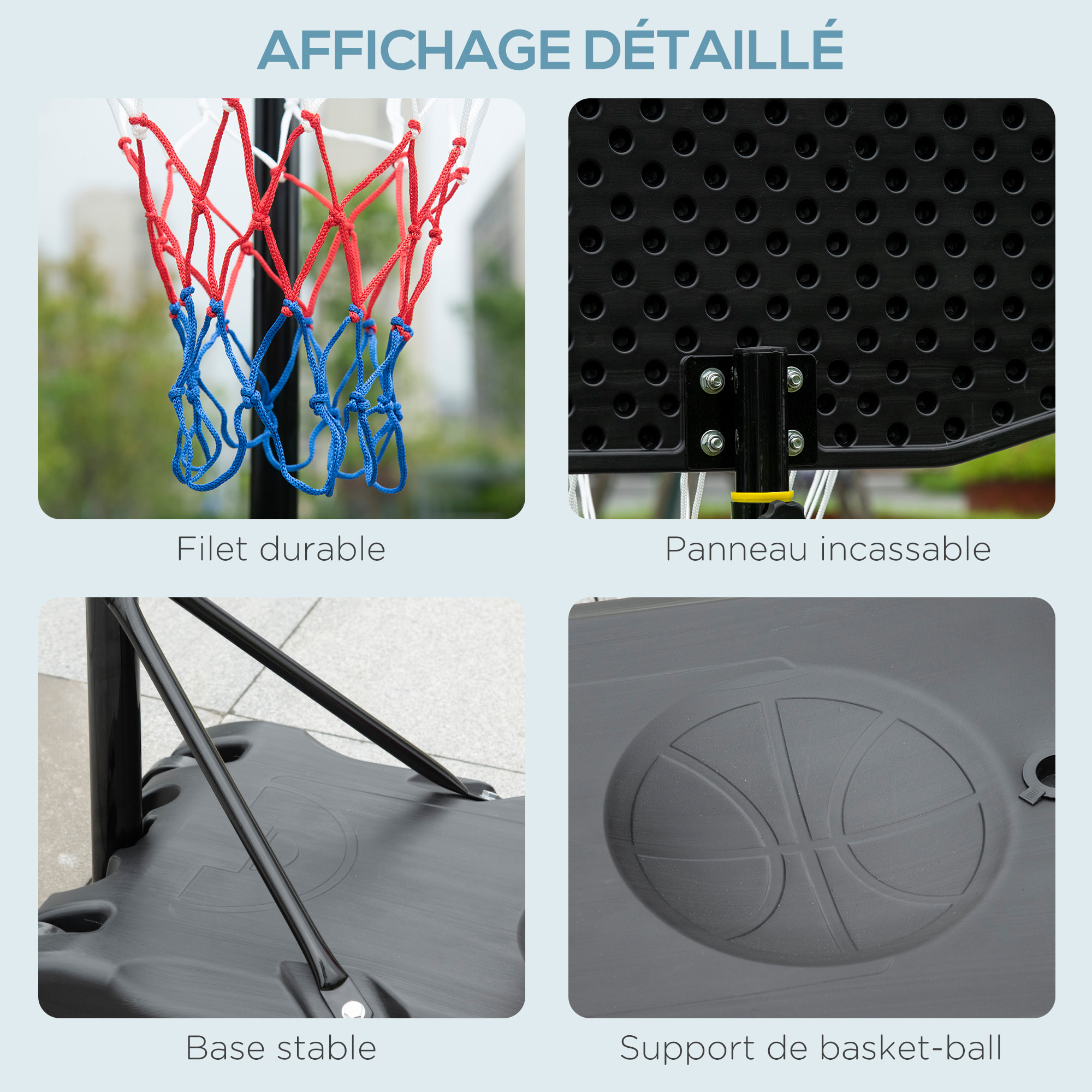 Panier de basketball sur pied hauteur réglable H.197-254 cm lestage roulettes noir blanc