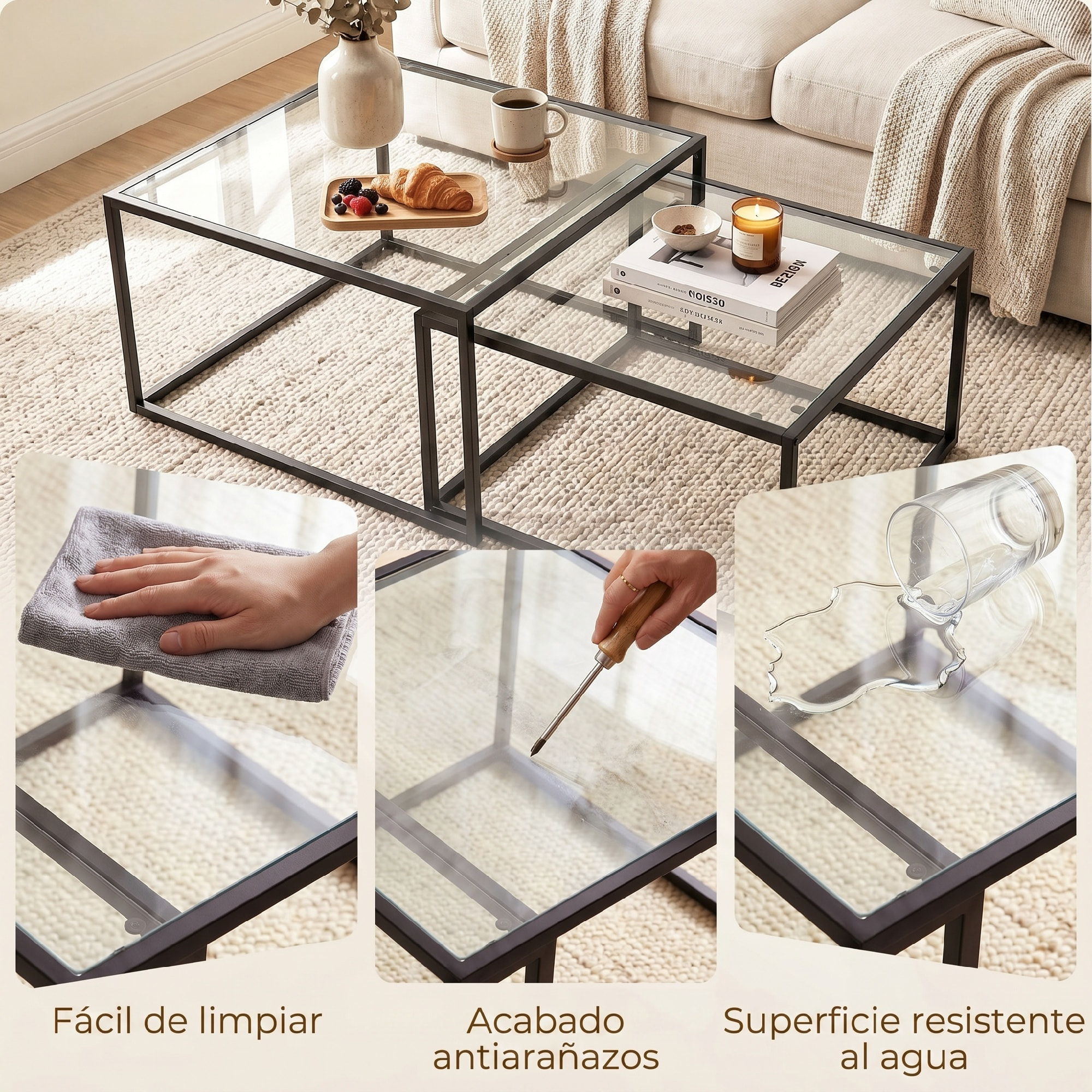 Set de 2 Mesas de Centro Cuadradas, Mesas Nido Modernas con Tablero de Vidrio Templado y Estructura Metálica, Ahorra Espacio, para Salón, Dormitorio u Oficina, 75x75x42 cm, Negro