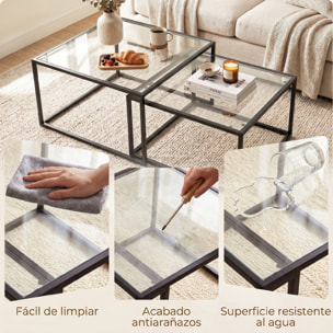 Set de 2 Mesas de Centro Cuadradas, Mesas Nido Modernas con Tablero de Vidrio Templado y Estructura Metálica, Ahorra Espacio, para Salón, Dormitorio u Oficina, 75x75x42 cm, Negro