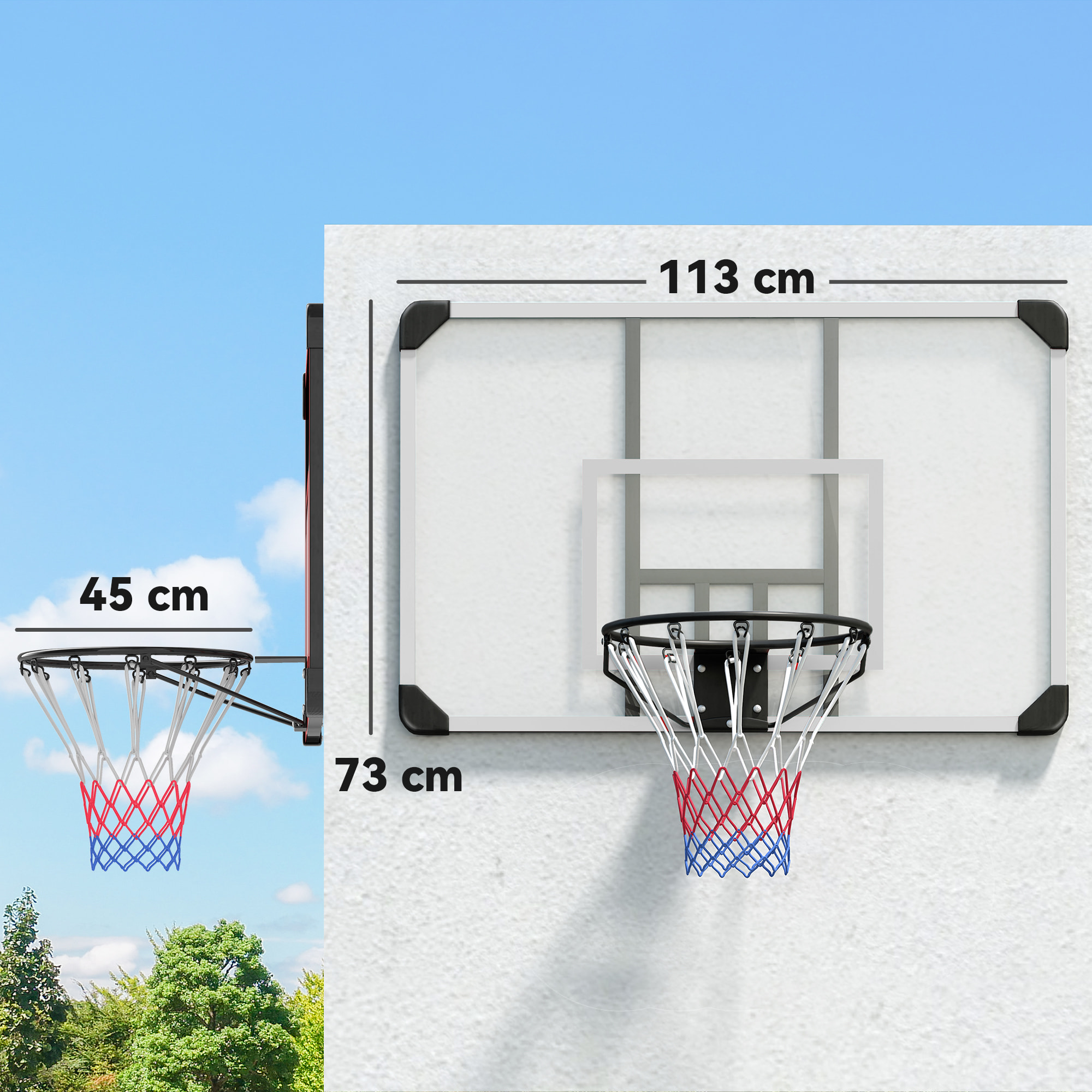 Panier de basket-ball mural - panneau de basket à accrocher - visserie incluse - acier PC blanc noir