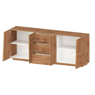 Credenza Ddamsgaar, Buffet da soggiorno, Madia da salotto con 4 ante e 3 cassetti, 220x44h86 cm, Rovere