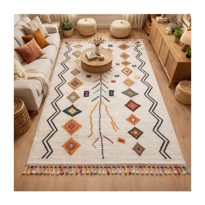 Tapis Mevo crème et multicolore motif traditionnel berbère