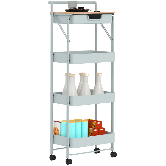 Carrito Auxiliar con Ruedas de 4 Niveles Carro de Cocina con 1 Cajón y 3 Cestas Carrito Organizador para Dormitorio Salón Oficina Verde Claro