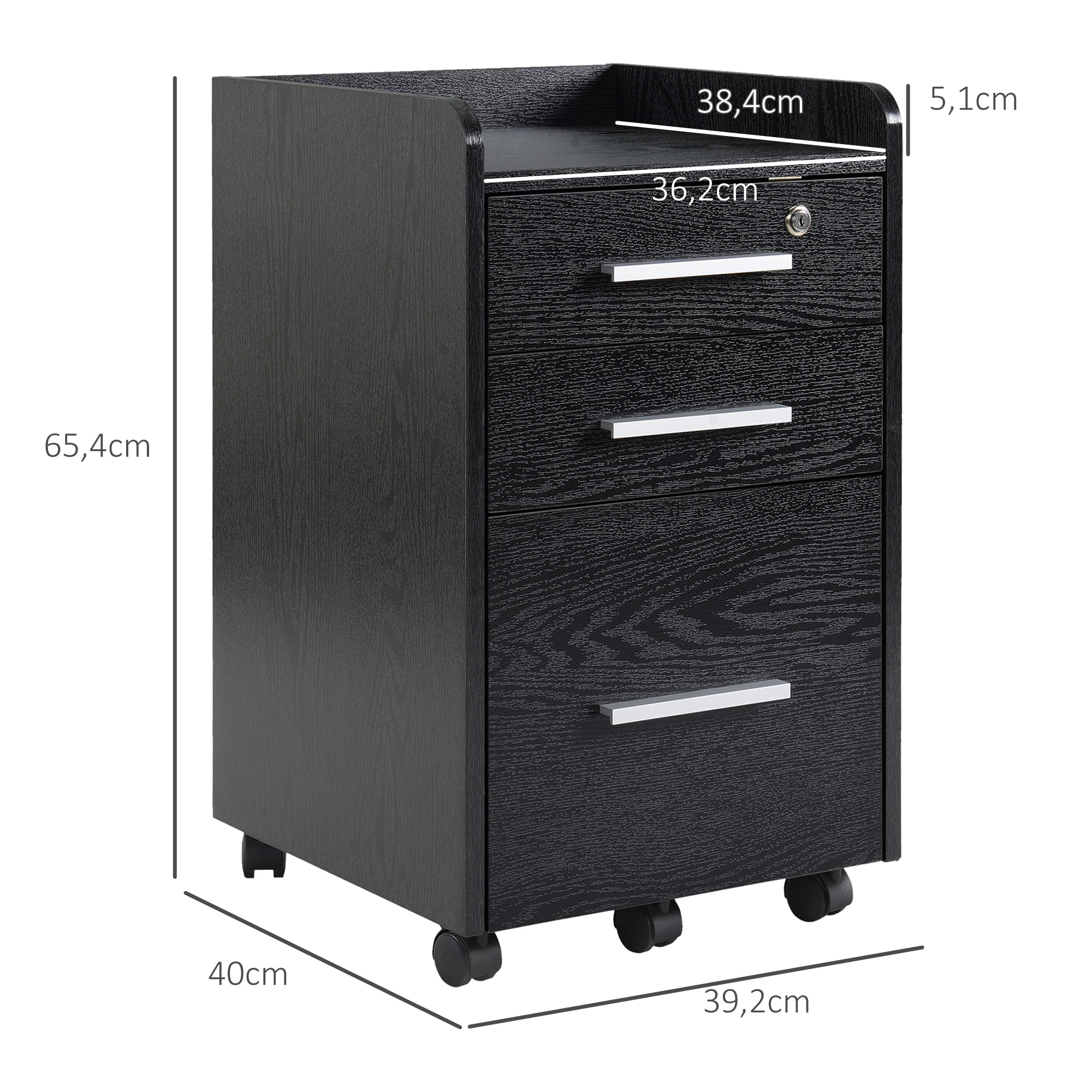 Caisson de bureau rangement bureau sur roulettes 3 tiroirs 1 verrouillable 1 trieur dossiers effet bois noir