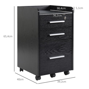 Caisson de bureau rangement bureau sur roulettes 3 tiroirs 1 verrouillable 1 trieur dossiers effet bois noir