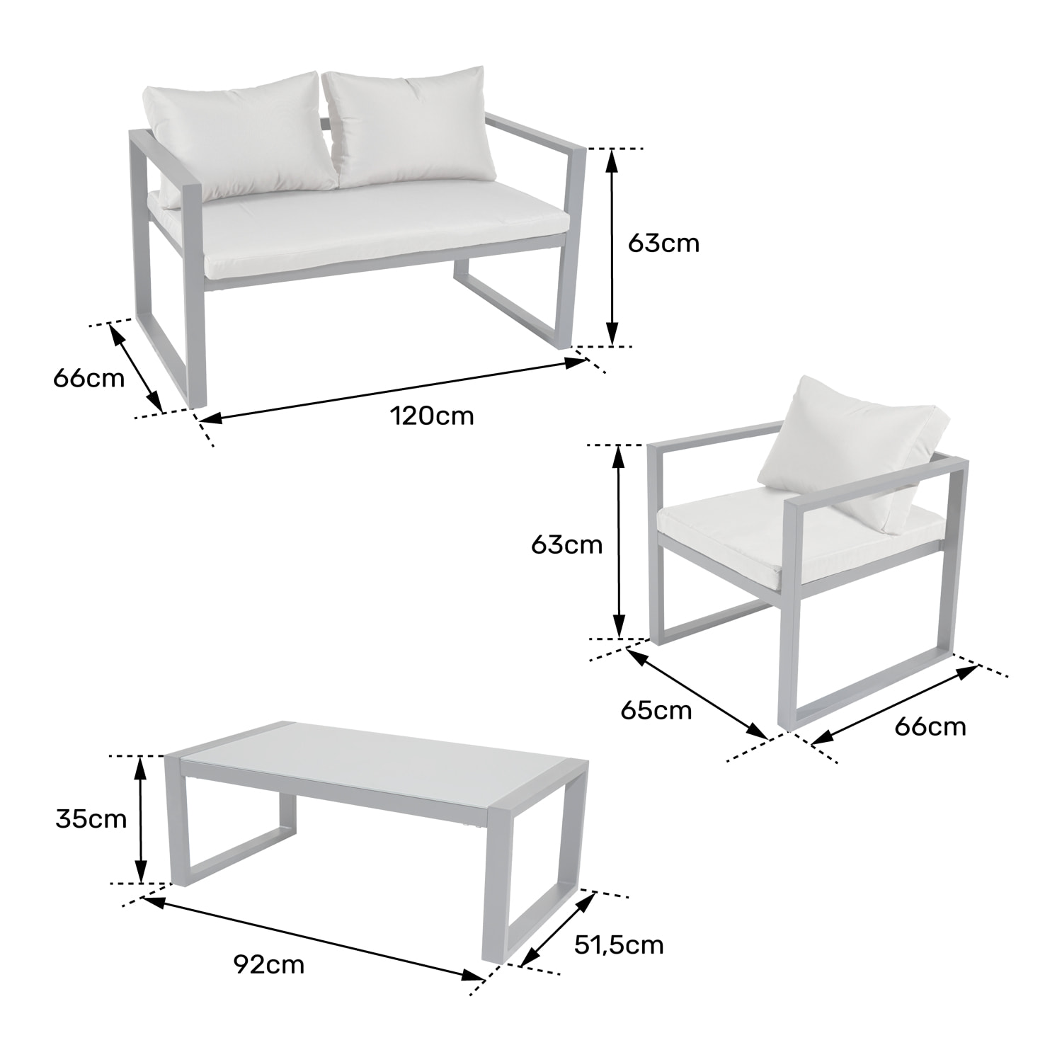 Salon de jardin IBIZA en tissu bleu 4 places - aluminium blanc