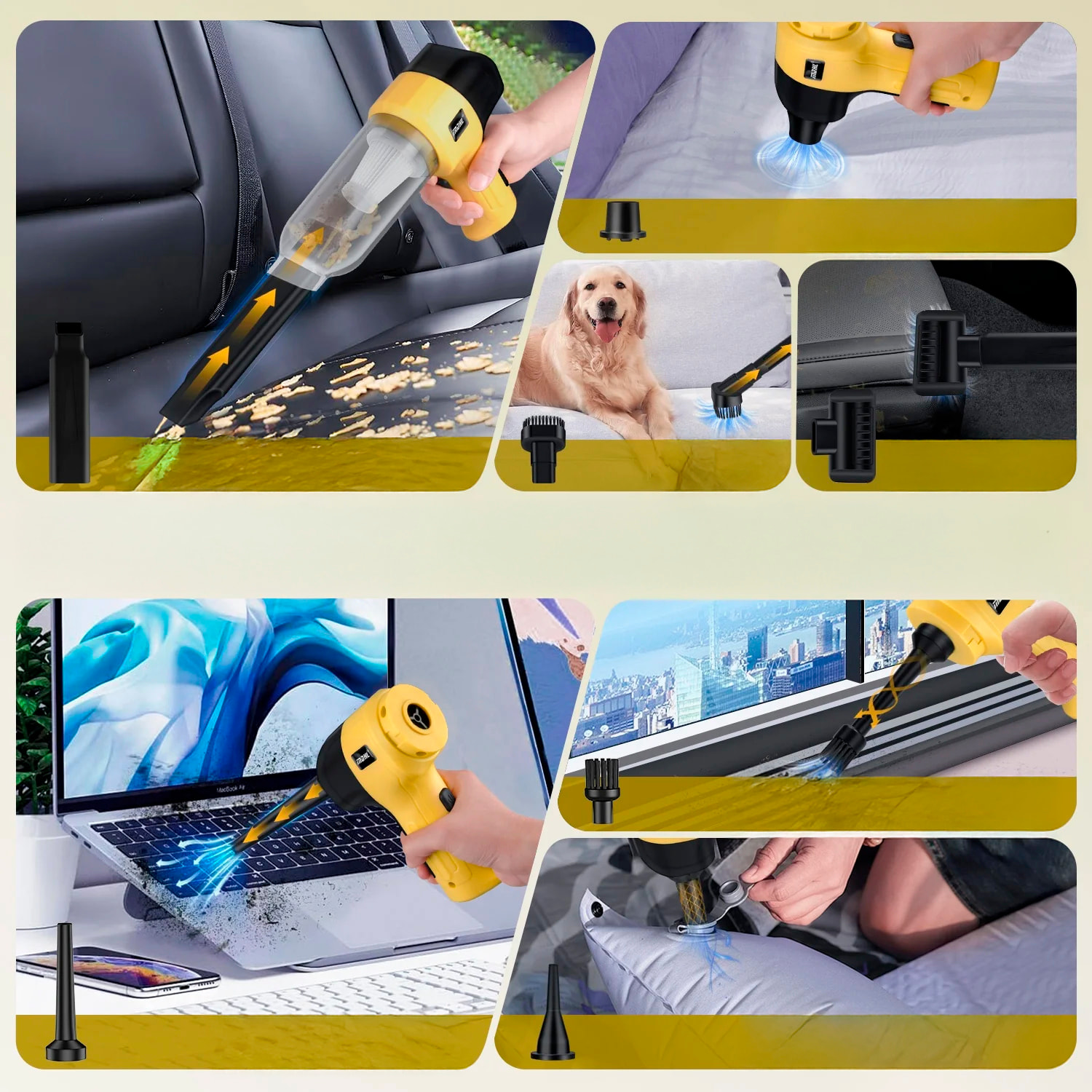 Aspirapolvere e soffiatore a mano 5 in 1. Con una potenza massima di 120W.