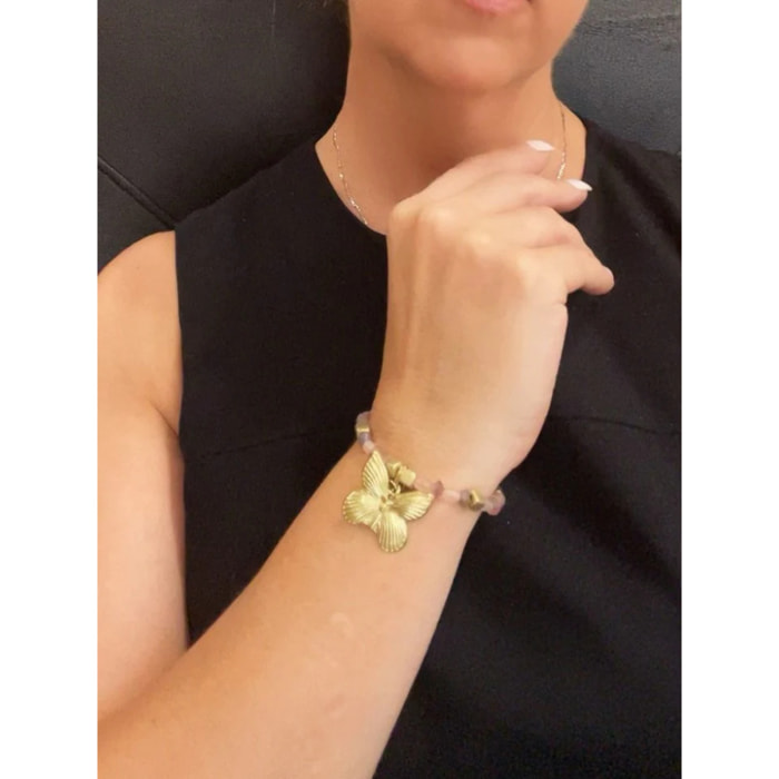 Pulsera mariposa elastica en dorado y rosas cristal