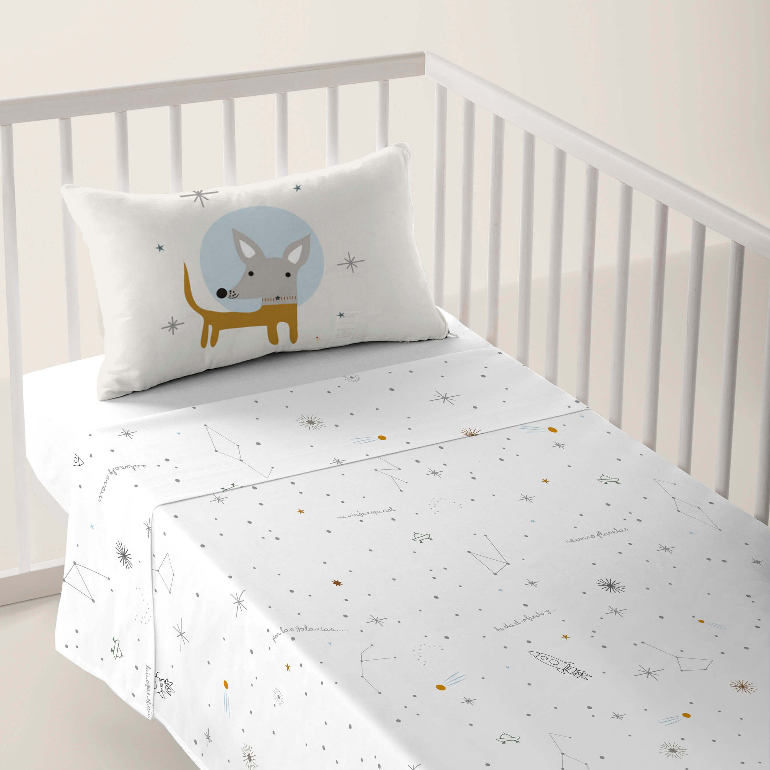 Juego de Sábanas Estampadas - Infantil - Incluye 1 Funda de Almohada - 100% Algodón - Cuna/Maxicuna - Viaje Espacial B