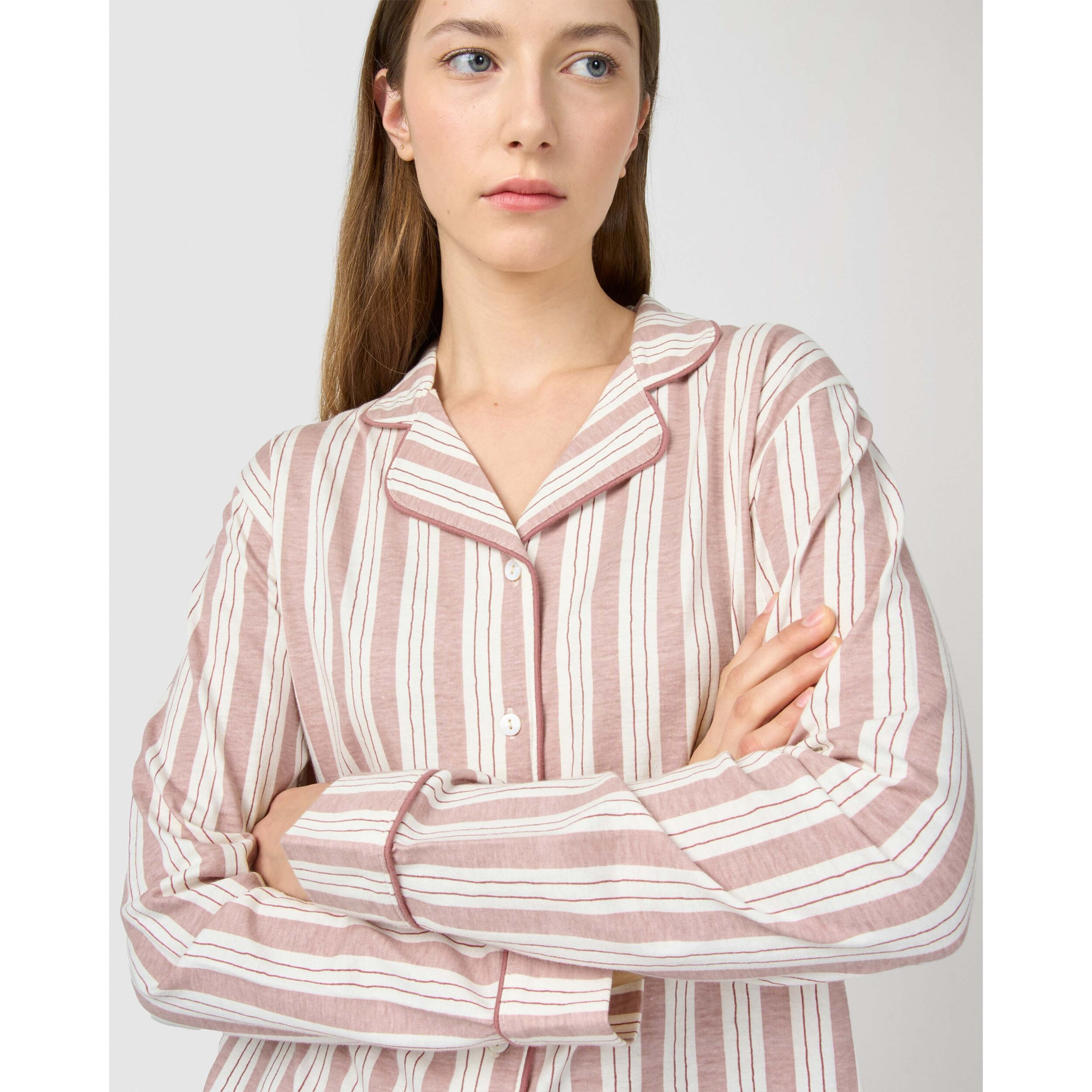 Pigiama lungo camicia in cotone a righe zuri rosa