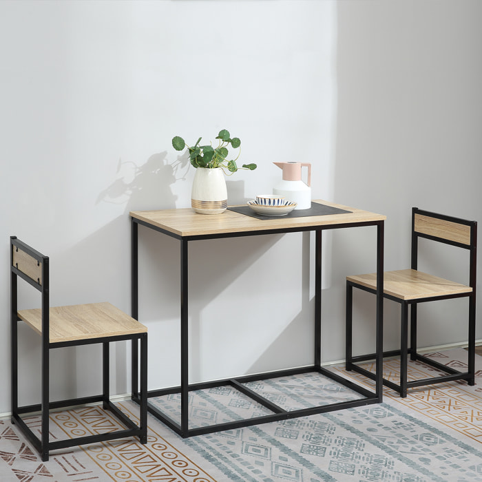 HOMCOM Ensemble table 2 chaises style industriel - set de 1 table + 2 chaises encastrables - métal noir aspect chêne clair