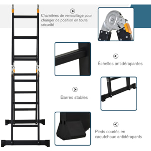 HOMCOM Echelle aluminium pliable multifonction 5 positions 3,7 m 12 échelons certification NF EN131 charge max. 150 Kg noir