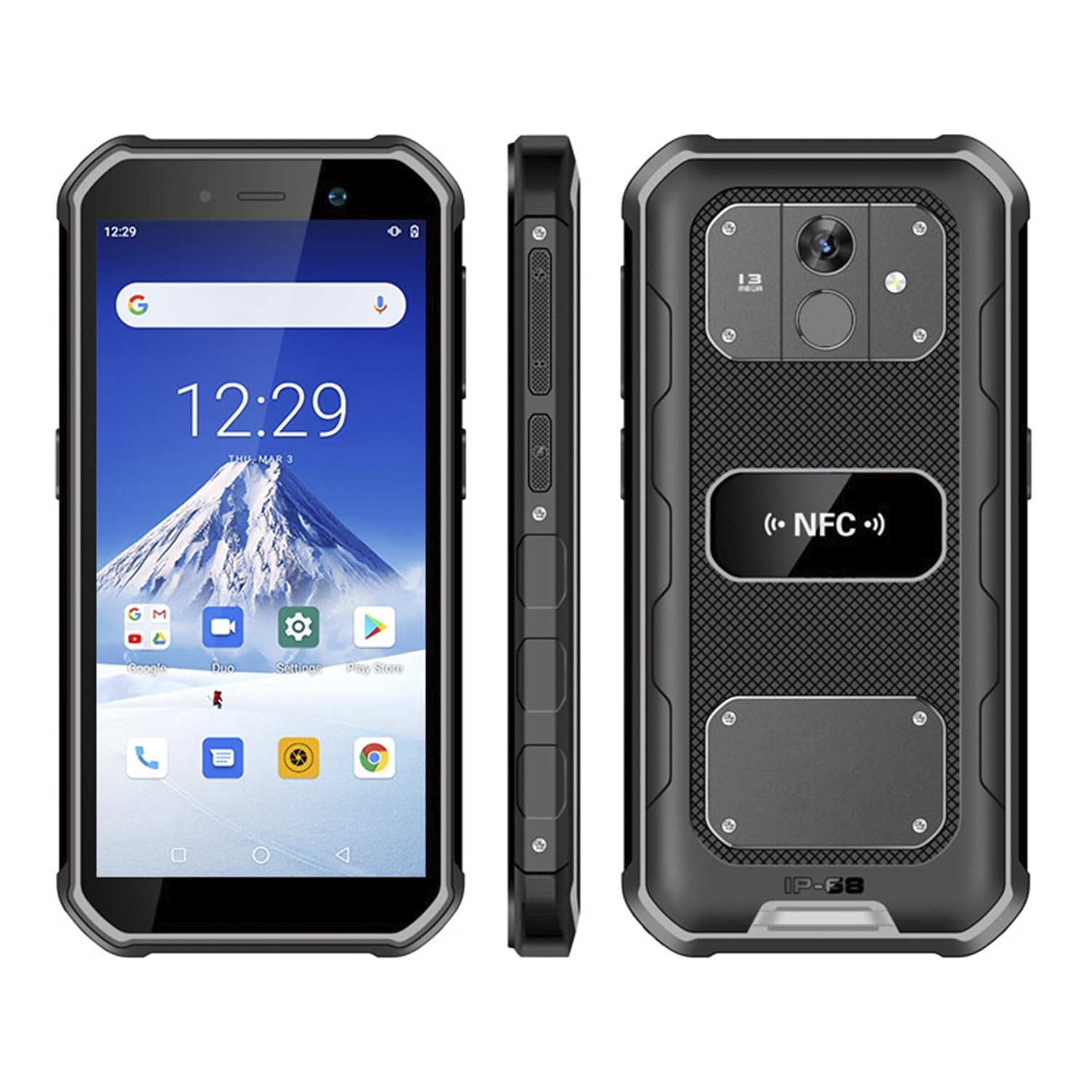 DAM Smartphone robusto  F963 4G, Android 10, 3 GB RAM + 32 GB. Schermo da 5,5''. 13MP+8MP. GPS. GPS IP68. LIVELLO PROVA IP68.3 (Anticaduta, Polvere, Acqua).Funzione POC.ALTOPARLANTE 0,8W. 7,7x1,4x15,5 cm. Colore nero