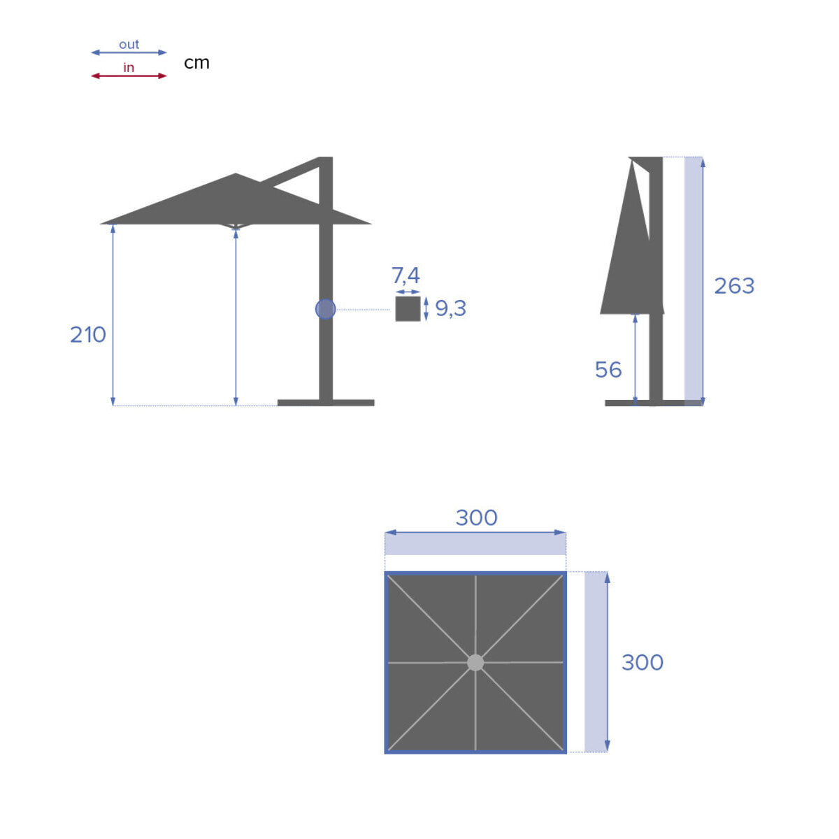 Parasol déporté carré inclinable Éléa Bleu canard & Graphite