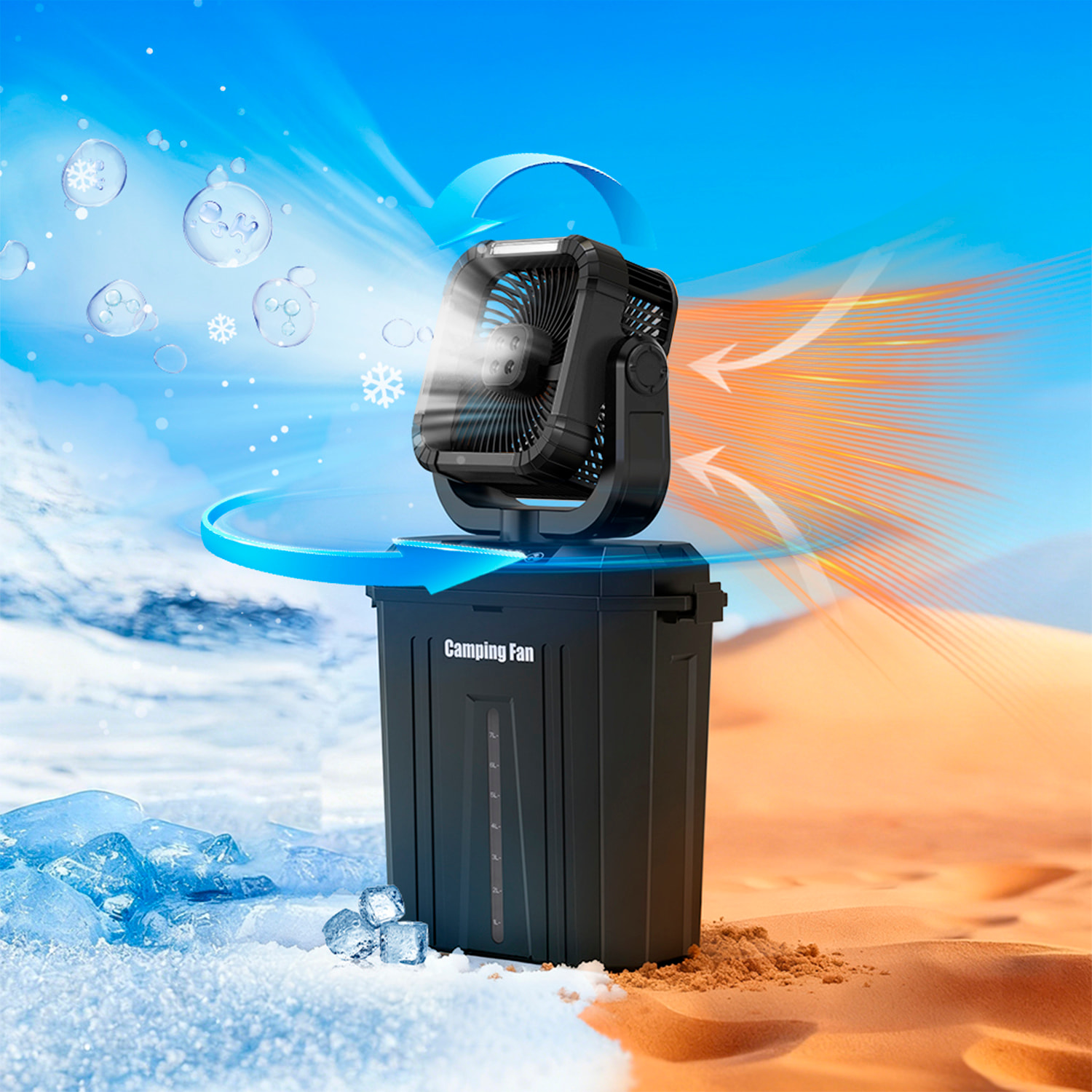 Ventilador F912 de 4 velocidades con depósito de 12L, función de spray, iluminación dual, oscilación y mando remoto. Incluye power bank 20000 mAh, 16 W y viento máx. 4,5 m/s.