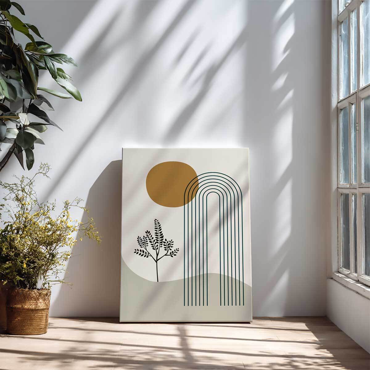 Tableau arche géométrique et feuillage beige et vert Toile imprimée