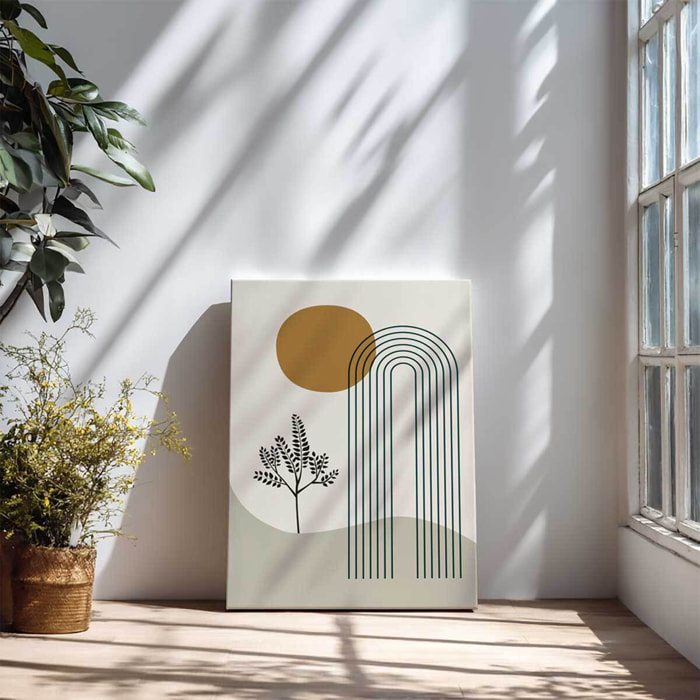 Tableau arche géométrique et feuillage beige et vert Toile imprimée