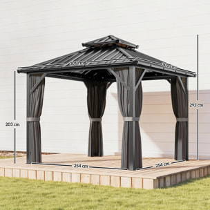 Pavillon de jardin  toit rigide - rideaux et moustiquaire - alu et acier - 3x3m - gris foncé