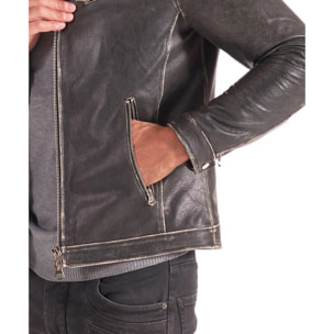 Giacca biker in pelle nera vintage effetto invecchiato