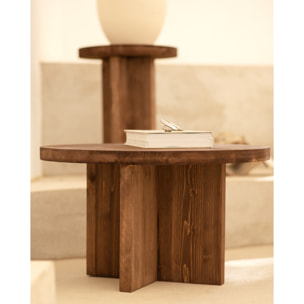 Table basse ronde en bois massif ton noyer en différentes tailles