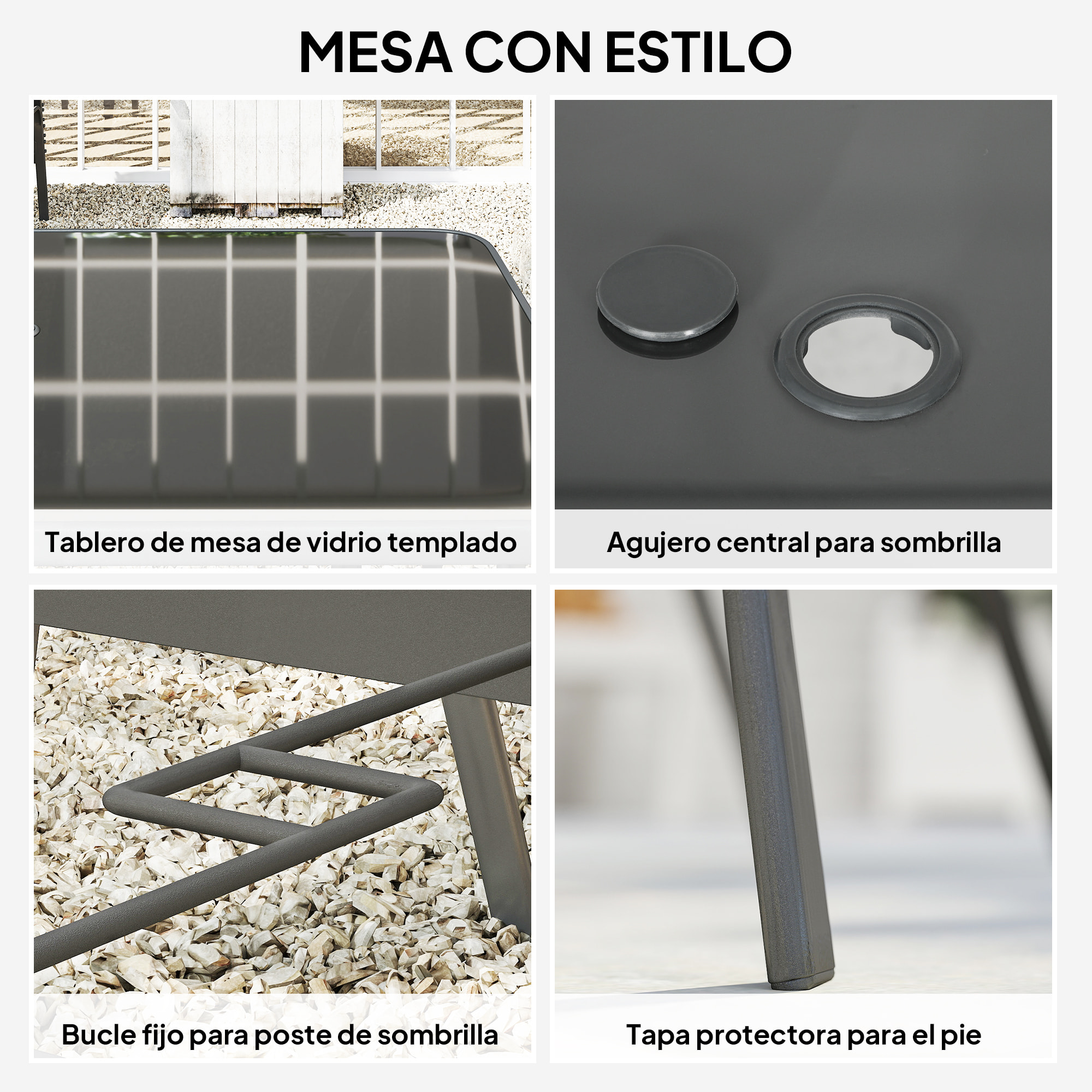Conjunto de Mesa y Sillas Jardín de 7 Piezas, Muebles de Jardín Exterior con Mesa y 6 Sillas para Terraza con Orificio para Sombrilla y Encimera de Cristal, para Terraza Patio, Gris Oscuro