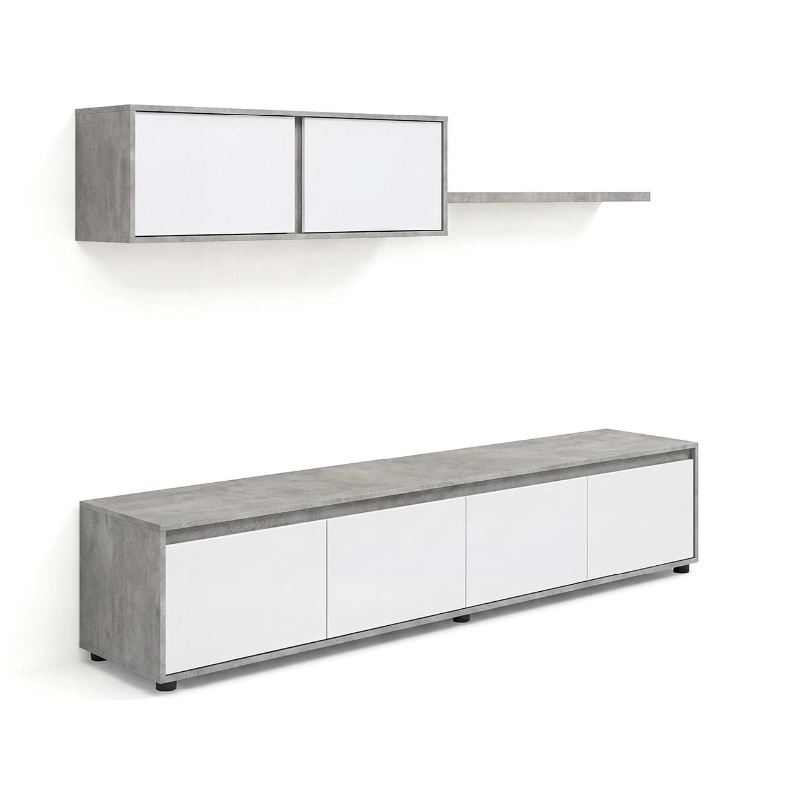 Salón con mueble de TV y estantería en gris cemento y blanco artik 200 cm Arlet Gris cemento - Blanco Artik (Blanco Mate)